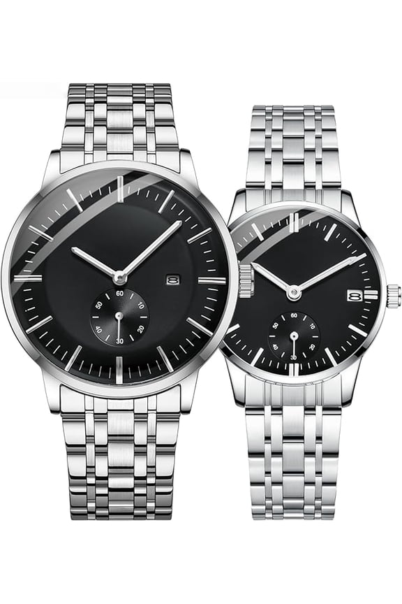 Waterproof Couple Watch Men and Women His and Her Wrist Watches Set with Stainless Steel Strap and Date Display
