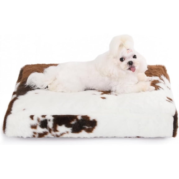Waterproof Crate Bed, Plush Dog & Cat Bed with Removable Washable Cover, Faux Fur Kennel Pad, 17"x12", Cow Print