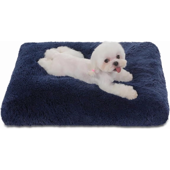 Waterproof Crate Bed, Plush Dog & Cat Kennel Pad with Removable Cover, Fluffy Washable Faux Fur Bed, 17"x12", Solid Dark Blue
