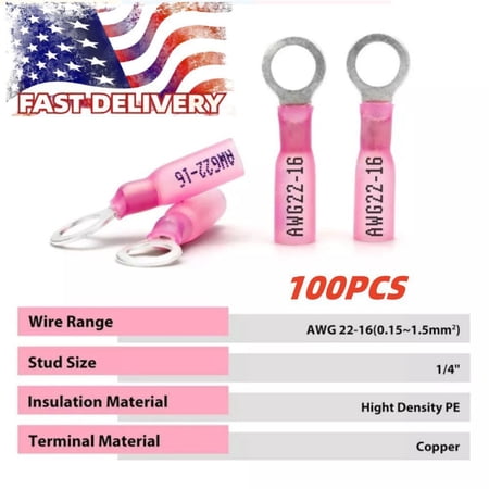 Waterproof Crimp 22-16AWG Wire Heat Shrink Connectors 1/4" Ring Terminals 100PCS