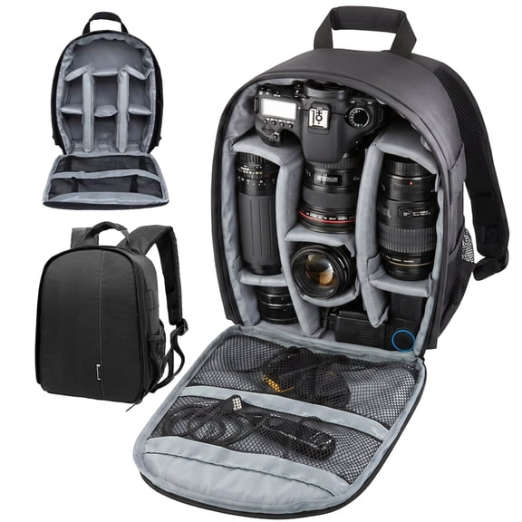 Camera Backpack, Water-Resistant Lightweight DSLR and Mirrorless Camera Bag with Shock-Absorbing Padding and Adjustable Dividers, Gray