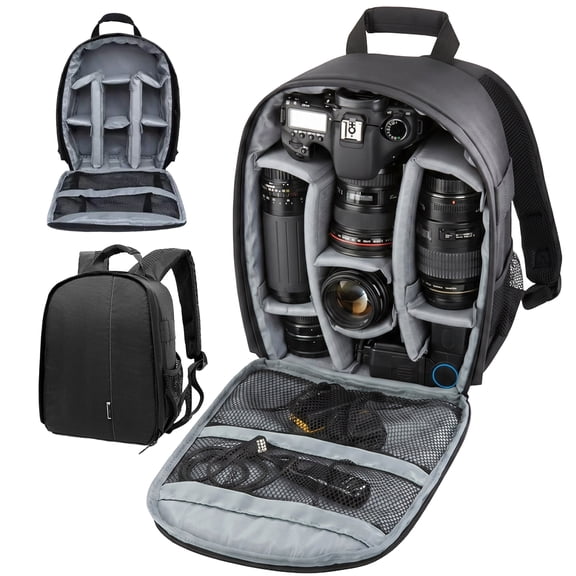 Camera Backpack, Waterproof Shockproof Photography Bag, Lightweight Nylon for DSLR & Mirrorless Cameras, Gray