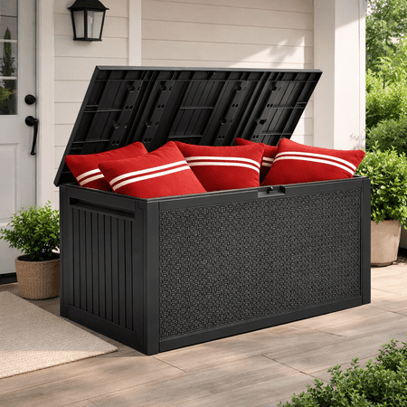 Seizeen 90GAL Outdoor Storage Box on clearance, Resin Deck Box Maze Pattern, Patio Toy Storage Furniture for Garden, MAX 485LBS Weight Storag Bench Table for Porch, Gray