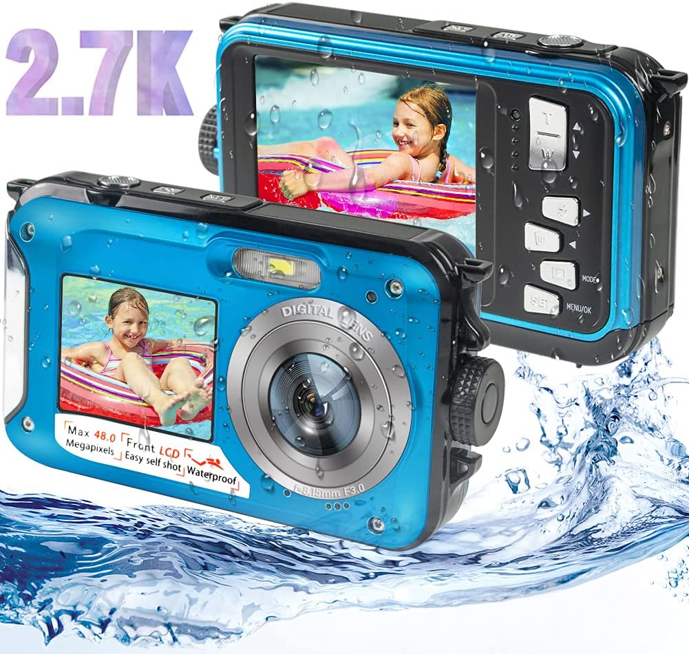 Fotocamera Subacquea Asixxsix Con Doppio Schermo – 2.7K 48MP, Impermeabile Fino A 3 M, Zoom 16x, Per Selfie E Sport Acquatici