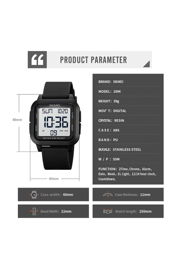 Waterproof Digital Watch Steel Bracelet 50M WR - Large LCD Display Backlight Alarm Stopwatch Timer Date Lightweight Sporty
