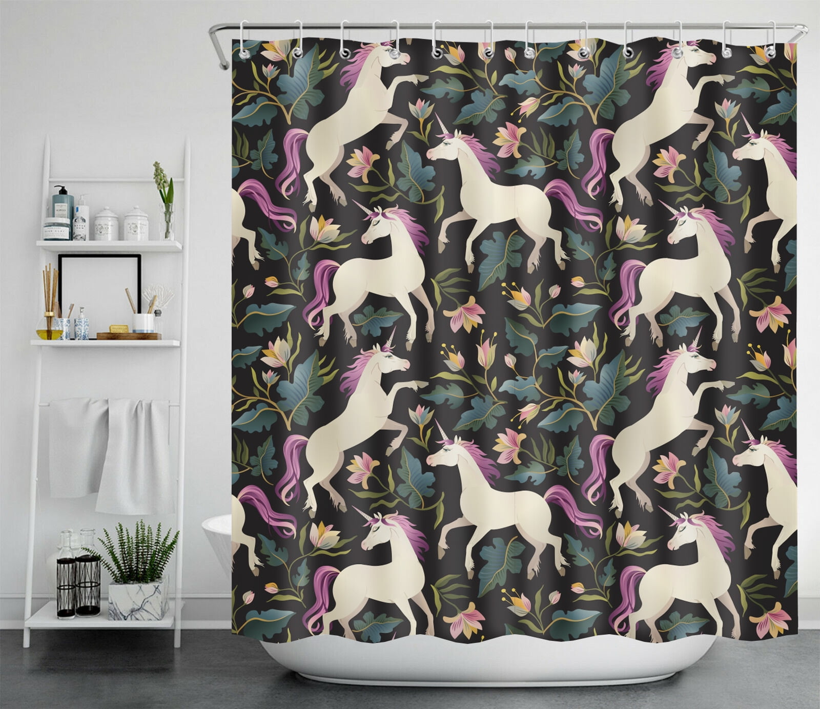 Waterproof, Dirt Resistant Shower Curtain, Floral Unicorns theme