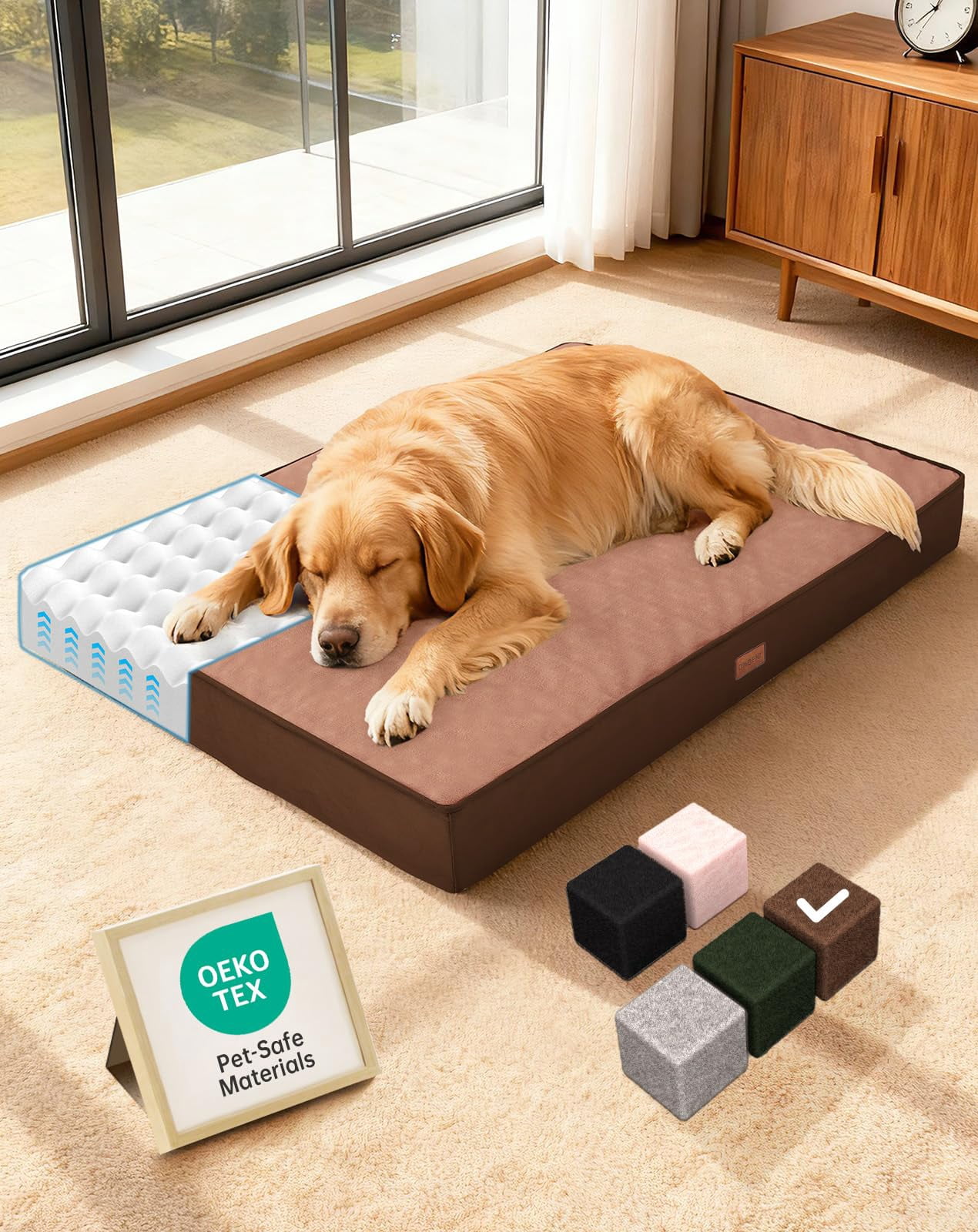 Waterproof Dog Bed For Large Dogs  Machine-washable Removable Cover In Easy-clean Fabric High Density Foam & Easy-carry Handle Suitable Crate 41 Inch (brown)