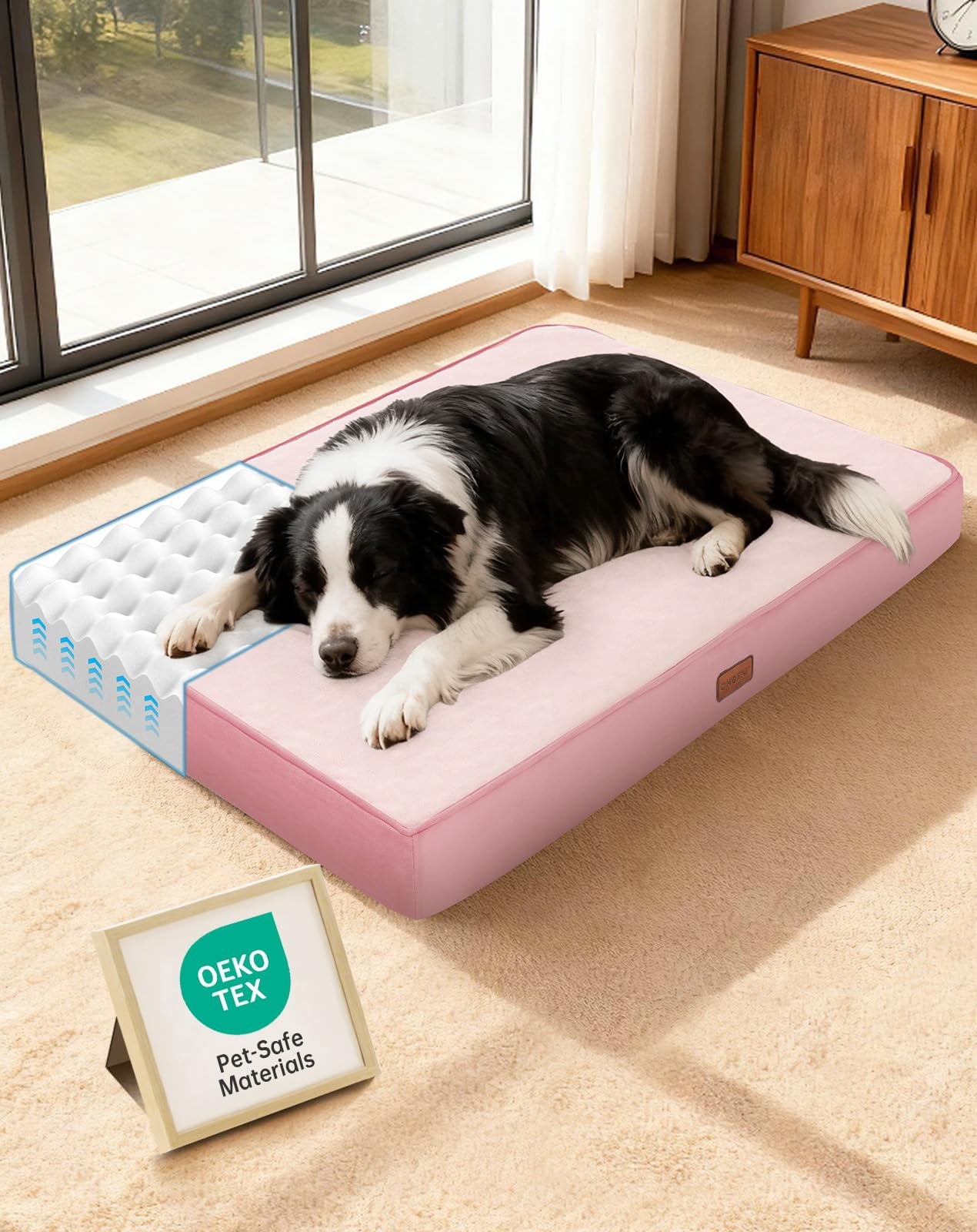 Waterproof Dog Bed For Medium Large Dogs  Machine-washable Removable Cover In Easy-clean Fabric High Density Foam & Easy-carry Handle Wider And Larger 36 Inch (pink)