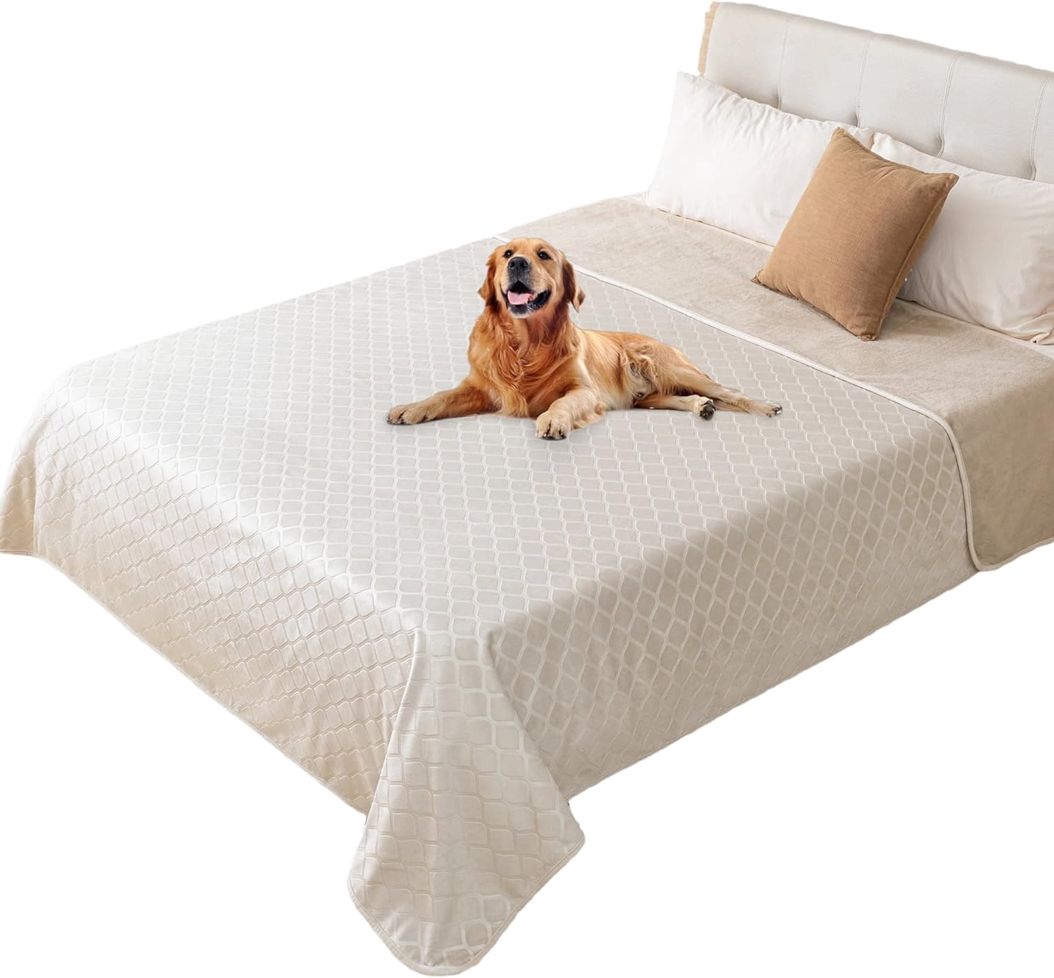 Waterproof Dog Blanket Bed Cover in Cream and Beige, Large 82 x 102 Inch Cozy Pet Throw