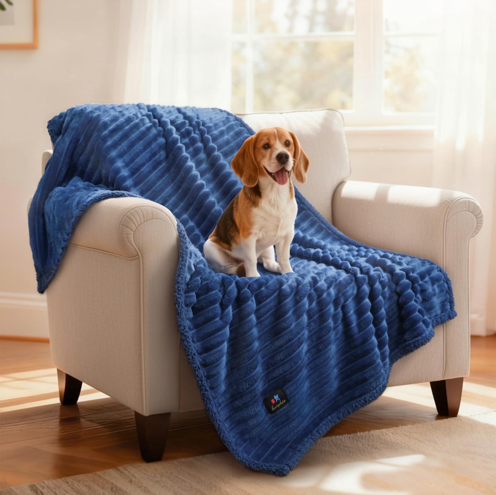 Waterproof Dog Blanket For Medium Large Dogs Ultra-soft Calming Cut Pile Flannel Throw Durable & Warm Furniture Protection Couch Car Pet Machine Washable Deep Navy M(57''x40'')