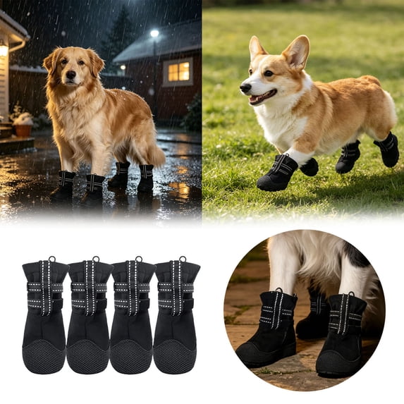 Waterproof Dog Boots, Anti- Winter Paw Protector Shoes with Adjustable Reflective Straps, Wear Resistant Outdoor Dog Booties for Walking, Hiking, Rainy Snowy Days