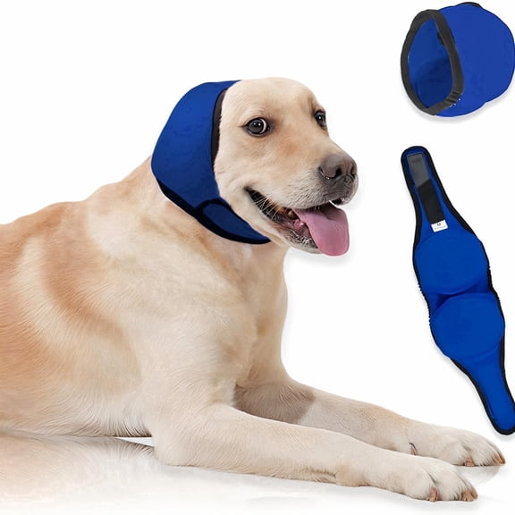 Amztom Waterproof Dog Ear Muffs, Adjustable Noise-Reducing Ear Wrap for Bathing & Grooming(Blue,Large)