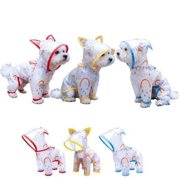 Waterproof Dog Raincoat, Rainbow Print Full Coverage 4 Legs Dog Rain Jacket for Small Medium Dogs, Pet Rain Coat with Cartoon Ear Hood,Reflective Strips&Leash Hole Rain Gear for Rainy Snowy Days