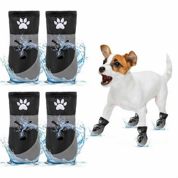 Waterproof Dog Shoes for Small Medium Dogs, Dog Boots & Paw Protectors for Hot/Cold Pavement, Fleece Warm Snow Booties with Reflective Strip Anti-Slip Rubber Sole, Puppy Shoes Black