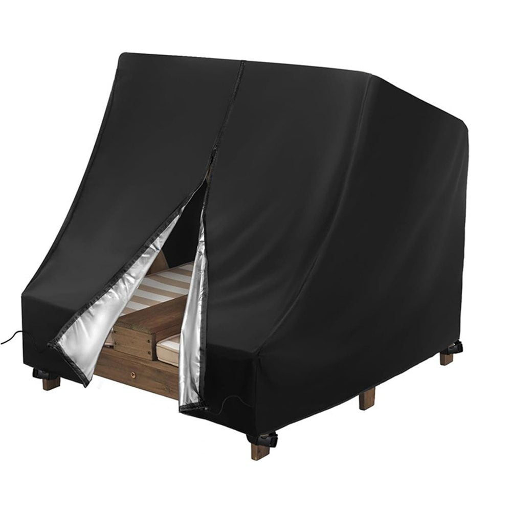 Waterproof Double Chaise Lounge Cover for Outdoor Patio Furniture, 34\"L x 37\"W x 34\"H, Black Oxford Fabric, Wind-Resistant with Drawstring and Buckles