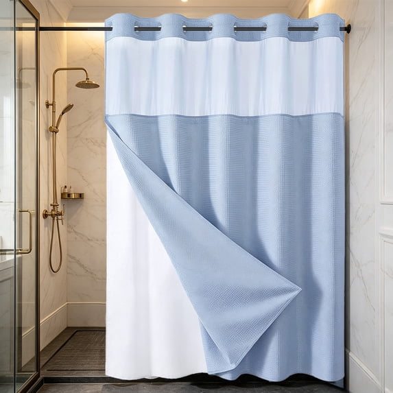 Waterproof Double Layer Shower Curtain, Waffle Weave Polyester Bath Curtain with Detachable Liner, Reinforced Grommet Top, Machine Washable, Standard Size for Bathtub and Shower Stall