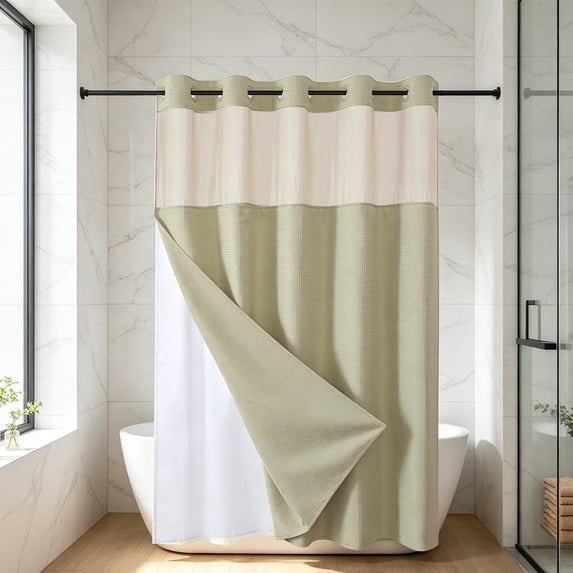 Waterproof Double Layer Shower Curtain, Waffle Weave Polyester Bath Curtain with Detachable Liner, Reinforced Grommet Top, Machine Washable, Standard Size for Bathtub and Shower Stall