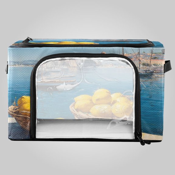 Waterproof Double Opening Foldable Storage Bin with Iron Frame for Closet Bathroom16.9*11.4*10in Lemon Basket Harbor Painting