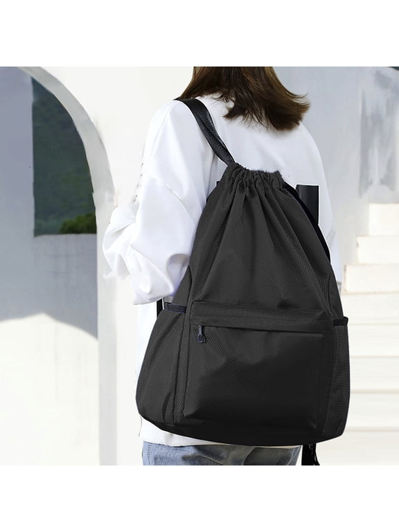 Waterproof Drawstring Backpack with Wet Pocket, Lightweight Gym Sackpack, Water Resistant String Bag for Beach, Swim, and Sports - Black