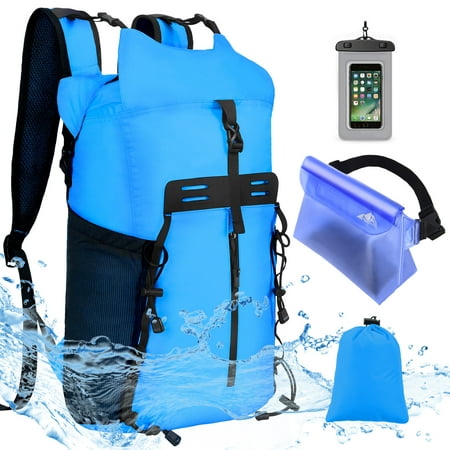 Waterproof Dry Bags Set of 3 Adjustable Shoulder Strap 20L Dry Backpack Compression Sack with Cellphone Phone Waist Bag for Kayaking, Beach, Rafting, Boating, Hiking, Blue