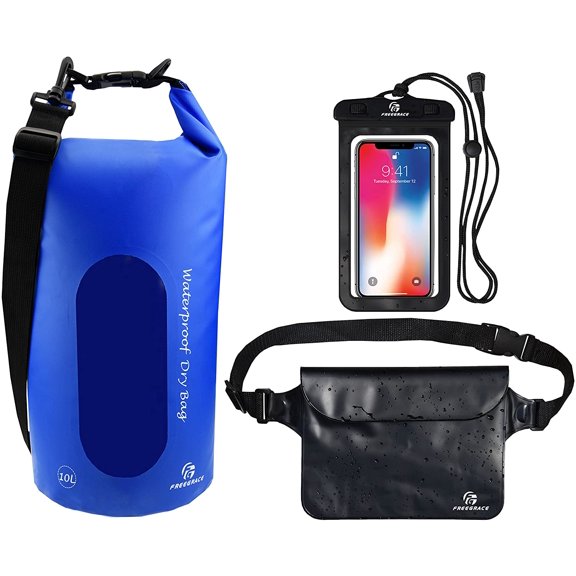 Waterproof Dry Bags Set Of 3 Dry Bag With 2 Zip Lock Seals & Detachable Shoulder Strap, Waist Pouch & Phone Case - Can Be Submerged Into Water - For Swimming (Navy Blue(Window), 5L)