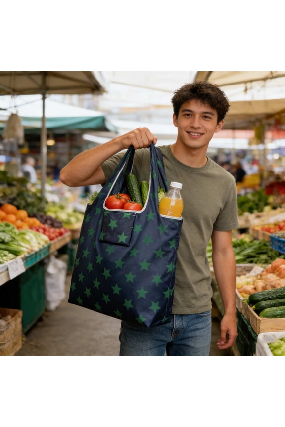 Waterproof Eco Foldable Tote Bag, Dark Blue Star Oxford Square Shopping Bag Reinforced Handles, Compact & Durable Grocery Bag, Travel & Daily Shopping Tote for Groceries, Travel, Beach, Errands