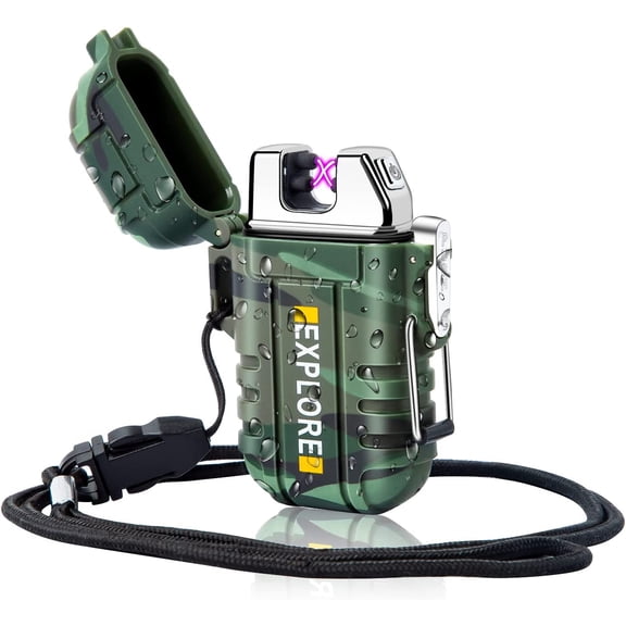 Waterproof Electric Dual Arc Lighter USB Rechargeable Outdoor Windproof Flameless Plasma Lighters for Camping, Hiking, Adventure, Survival Tactical Gear Stocking Stuffers Gifts for Men