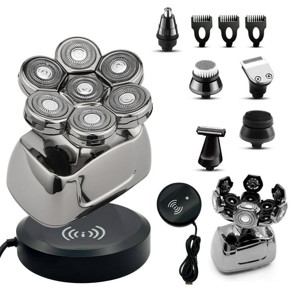 TiokMc 6-in-1 Waterproof Electric Head Shaver for Men, 7D Rotary Blades, LED Display, USB Rechargeable Grooming Kit with Trimmer, Nose Hair Cutter, and Accessories
