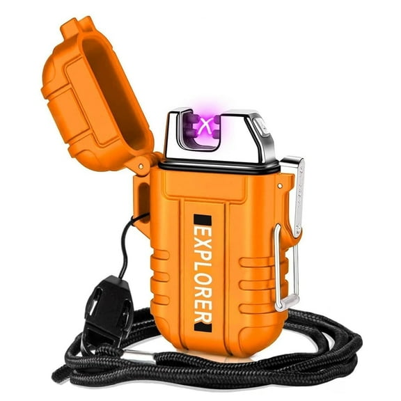 Waterproof Electric Lighter Windproof Dual Arc USB Rechargeable Flameless Plasma Lighters for Camping Hiking Survival Gear Gifts for Men Fathers Husband,Orange