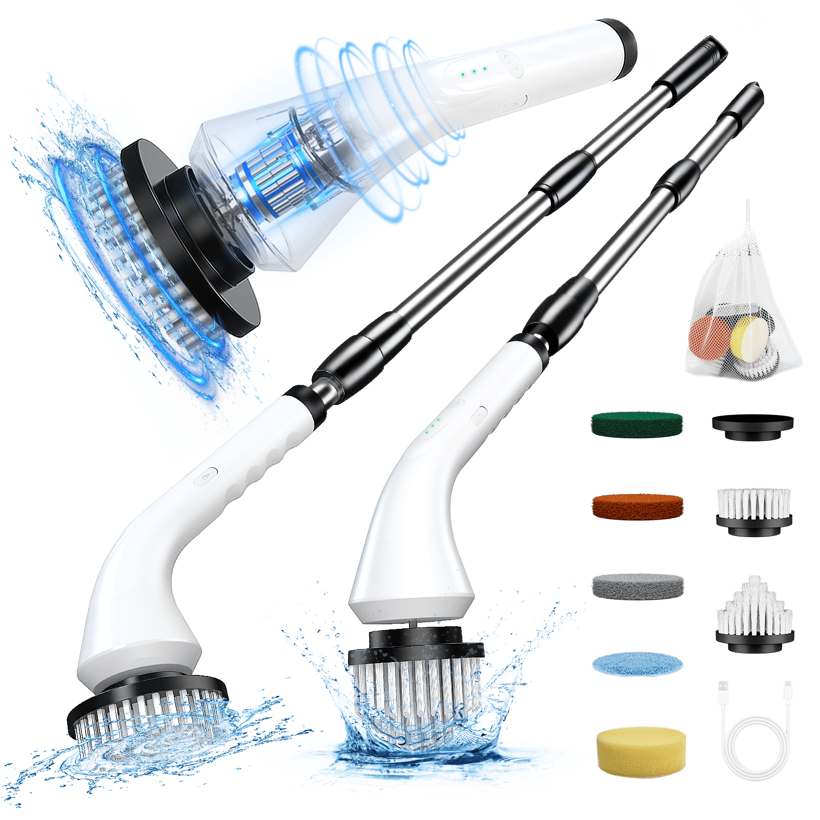 White Cordless Electric Spin Scrubber with Stainless Steel Handle and 8 Brush Heads