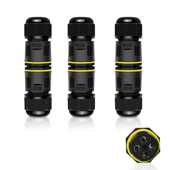 Waterproof Electrical Cable Connector,GREENCYCLE 3PK 3-PIN M20 Extension Electrical Cable Protector for Cable Diameter Ø5-12mm,Outdoor Power Cable Connector Joint for Garden,Water Pond Lights