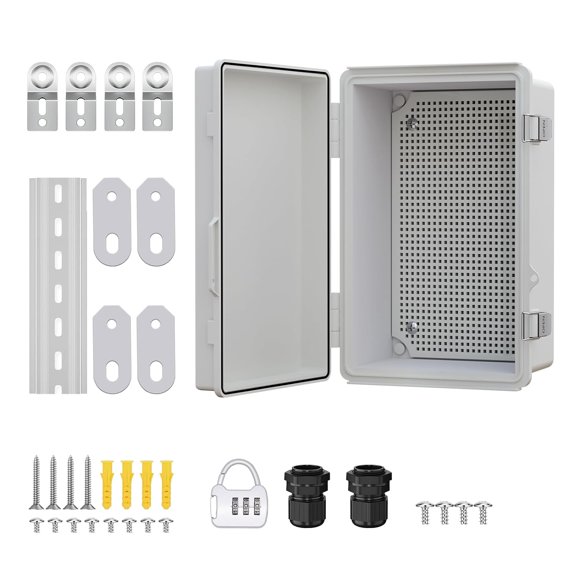 Waterproof Electrical Junction Box, Outdoor Enclosure with Hinged Cover, Mounting Plate & Wall Brackets - Lockable ABS Plastic Box for Router, Switch, Electrical Project (Grey, 16.1"12.2"7.1")