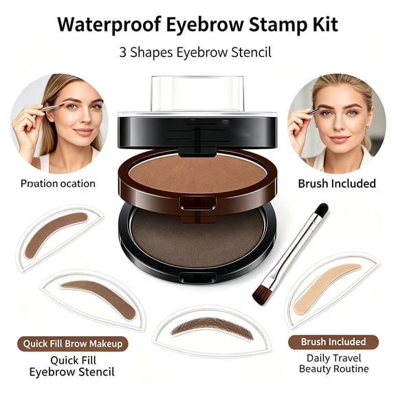 Waterproof Eyebrow Stamp Kit for Older Women with 3 Shapes Eyebrow Stencil and Brush Quick Fill Brow Makeup Tool for Women Daily Travel Beauty Routine
