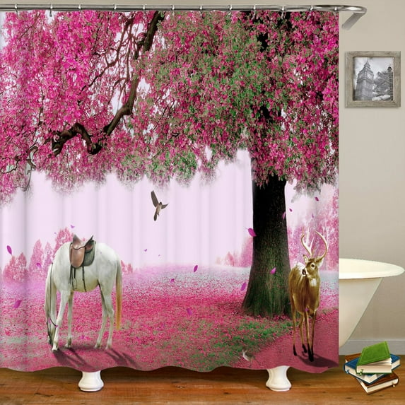 Waterproof Fabric 3D Shower Curtain Bathroom Curtain Pink Tree Landscape Polyester Bath Curtain Decorate With cortina