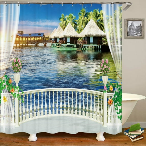 Waterproof Fabric 3d Shower Curtain Bathroom Curtain Rural Garden Beach Flower Landscape Polyester Bath Curtain With Hooks