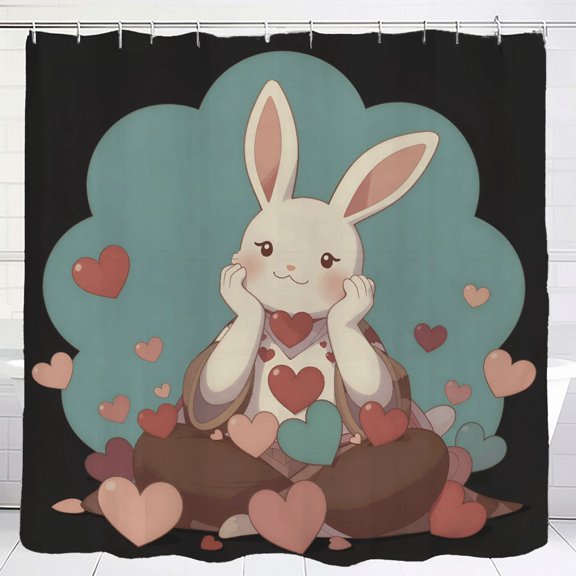 Waterproof Fabric Shower Curtain 70.8" x70.8" - Adorable Cartoon Rabbit with Hearts Teal Cloud Background Grommets & Hooks Included