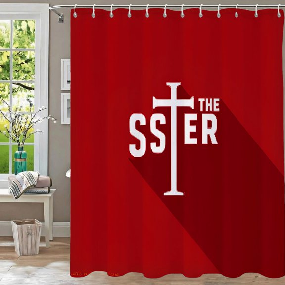 Waterproof Fabric Shower Curtain 70.8" x70.8" - Bold Red Design with ' THE SISTER ' Text & Vertical White Cross Includes Grommets & Hooks