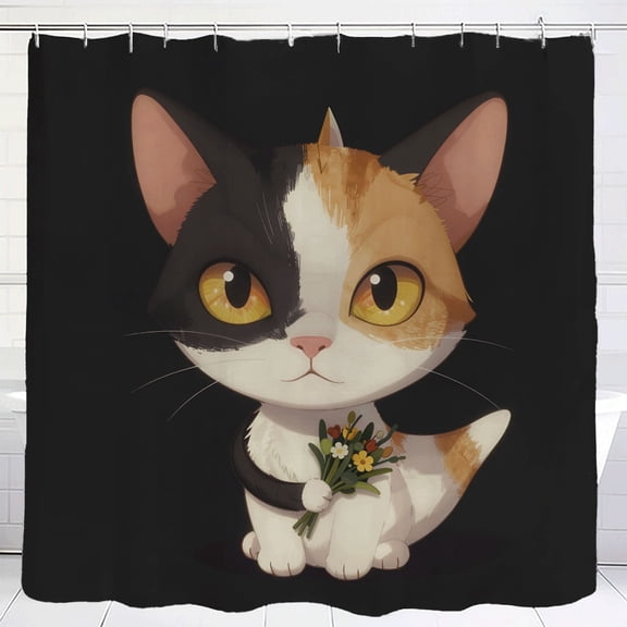 Waterproof Fabric Shower Curtain 70.8" x70.8" - Vibrant Calico Cat Design with Flowers Grommets & Hooks Perfect for Bathroom Decor