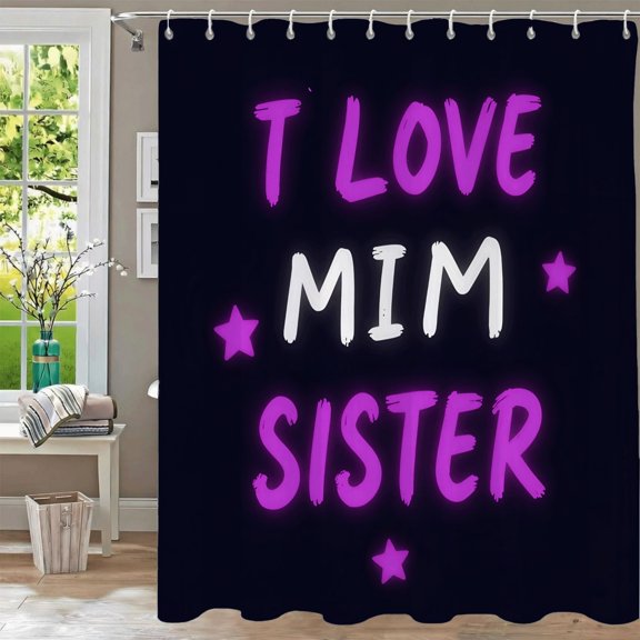 Waterproof Fabric Shower Curtain - Black Background with ' I LOVE MIM SISTER ' in Bold Purple & White Stars Design 70.8" x 70.8"