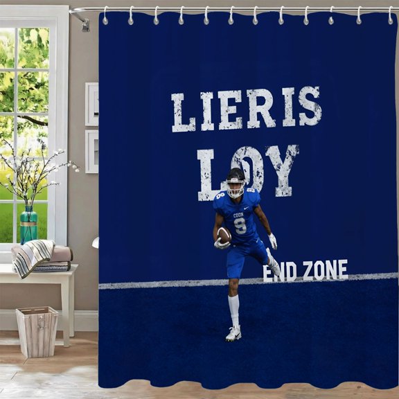 Waterproof Fabric Shower Curtain - Football Player Design Blue End Zone Theme 70.8 x 70.8 Inch Includes Grommets & Hooks