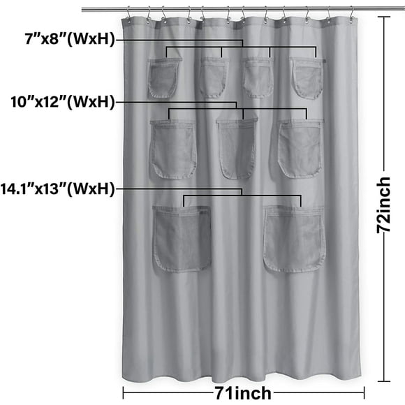 Waterproof Fabric Shower Curtain Or Liner With 9 Mesh Pockets - Gray, 71X72 Inches[7561]