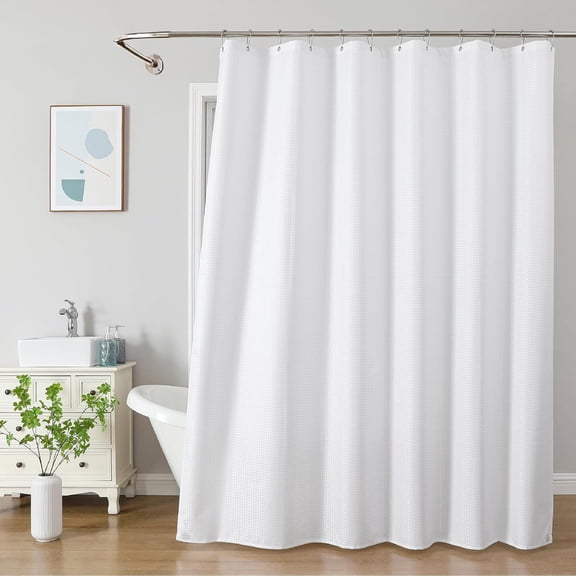 Waterproof Fabric Shower Curtain - No Separate Liner Needed, Hotel-Style Waffle Weave, Effortless Cleaning & Washable Bathroom Shower Curtain Set, White