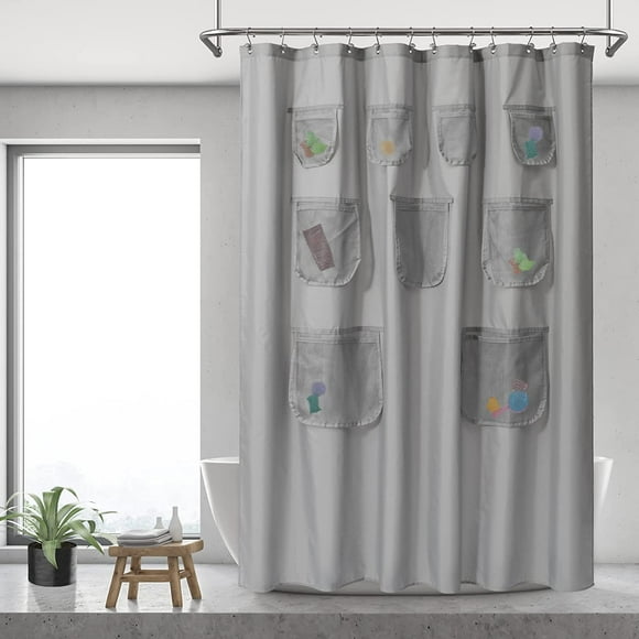 Waterproof Fabric Shower Curtain or Liner with 9 Mesh Pockets - Gray, 71x72 Inches