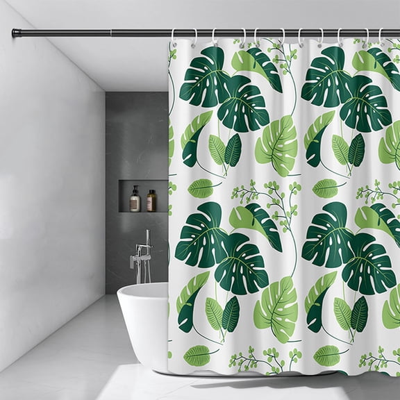 Waterproof Fabric Shower Curtain with Hooks, Monstera Leaf Tropical Pattern, Machine Washable Polyester Bathroom Curtain, Standard Size 72x72