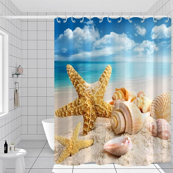 Waterproof Fabric Summer Beach Bath Shower Curtain with Hooks Sea Blue Sky Ocean Shells Starfish Wave Durable Cloth Curtains Set for Bathroom Decor Machine Washable 72x72 inches