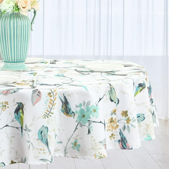 Waterproof Fabric Tablecloth, Green Birds Pattern Washable Table Cloth for Dining Table, 60 Inch Round Wipeable Table Cover for Kitchen