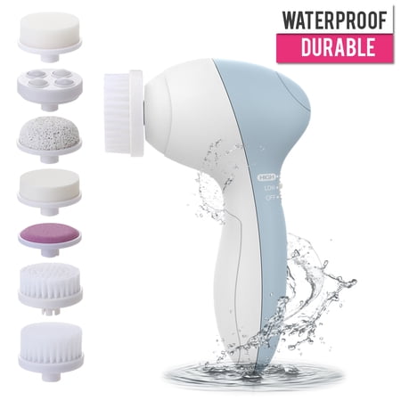 Waterproof Facial Cleansing Spin Brush Set with 7 Exfoliating Brush Heads - Complete Face Spa System - Advanced Microdermabrasion for Gentle Exfoliation and Deep Scrubbing(Light Blue)