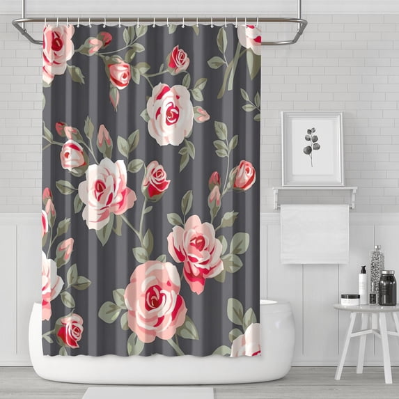 Waterproof Farmhouse Pink Floral Flowers Green Leaves Shower Curtain 72x72 Inch Boho Style Polyester Unique Shower Curtain for Bathroom Hotel Home Decor with 12 Plastic Hooks