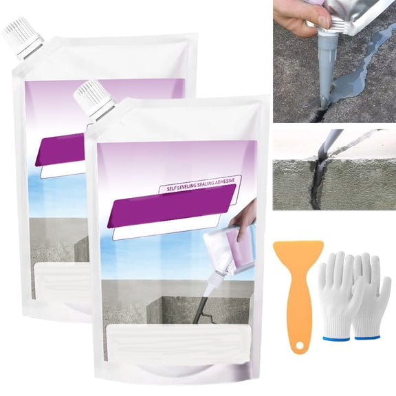 Waterproof Fast-Drying Self-Leveling Crack Filler, Heavy-Duty Concrete Crack Repair Adhesive,Repairs Cracks in Driveways Patios Indoor (Gray,2PC)
