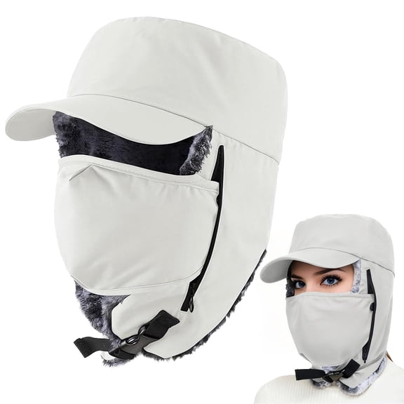 Waterproof Faux Fur Trapper Hat - Windproof Winter Hunting Hat with Detachable Face Mask & Ear Flaps